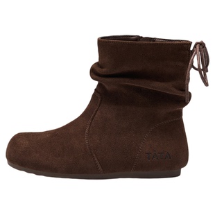 TATA他她童鞋女童短靴加绒薄底堆堆靴游牧风西部靴复古儿童马丁靴