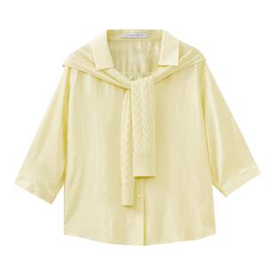 水云间户外穿搭黄色七分袖衬衫女通勤衬衣知识分子风上衣2025夏款