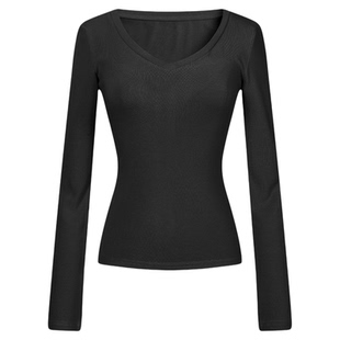 F383 美式复古慵懒风V领长袖T恤修身显瘦辣妹打底衫正肩百搭上衣