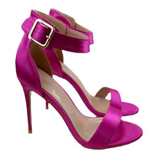 欧美新款紫红色丝绸面圆头细高跟鞋露趾一字带凉鞋女百搭礼服宴会