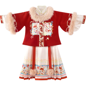 乌扣.岁吉 女童汉服冬款拜年服儿童中国风新年加厚保暖马面裙套装
