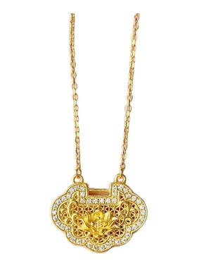 新款古法黄金色镂空如意锁包项链女高级感轻奢小众设计气质锁骨链