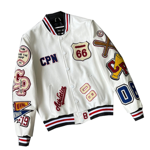 进口头层柔软小牛皮白色真皮皮衣男士棒球服皮夹克刺绣多标棒球服