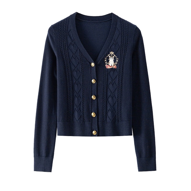 BANANA CICI2025年秋冬新款学院风原创猫咪绣花V领柔软毛针织开衫