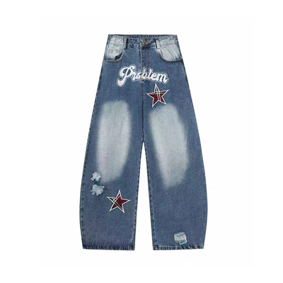 高个子破洞星星贴布水洗牛仔裤