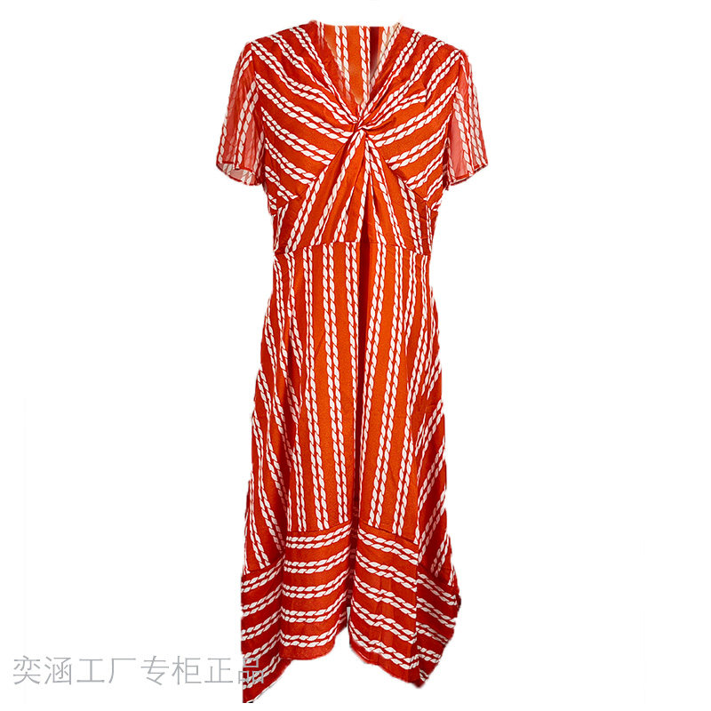 薄单层V领不对称摆长裙