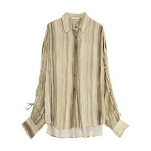 西町村屋文艺条纹衬衫女春季新款休闲印花抽绳长袖衬衣AA9103008