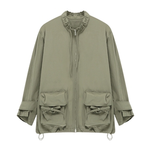 Basic House/百家好美式复古短款风衣外套工装风宽松立领夹克上衣