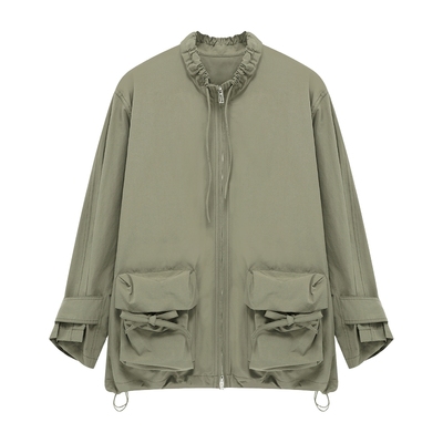 Basic House/百家好美式复古短款风衣外套工装风宽松立领夹克上衣