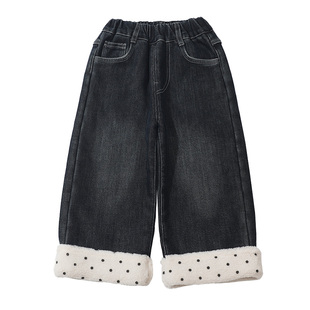 女童加绒裤子2025新款冬季洋气时尚直筒裤圆点翻边羊羔毛牛仔裤潮