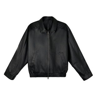 weave 重磅bomber 百分百头层牛皮黑色短款复古春秋皮衣夹克外套