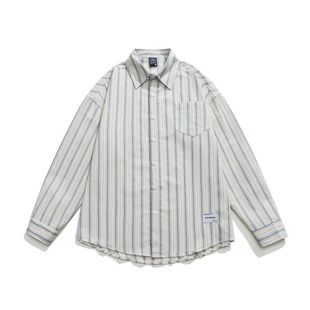 山月拾酒 秋冬古着感日系简约复古小众休闲方领廓形条纹长袖衬衫