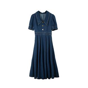 蓝色法式复古天丝牛仔连衣裙女2026年夏季新款小个子收腰a字长裙
