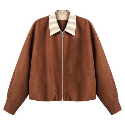 西町村屋短款外套女2025秋季新款假两件条纹衬衣领上衣XHAC10744