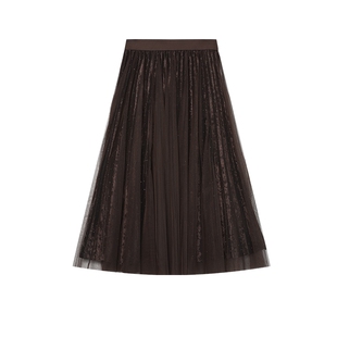 白鹿语压褶细闪网纱裙2024秋新款时尚减龄橡筋腰无弹长款半身裙女