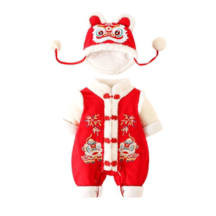 婴儿秋冬拜年衣服宝宝加绒连体衣爬服外出棉服加厚小月龄夹棉套装