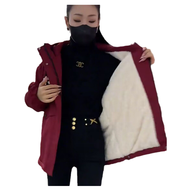 加绒加厚连帽冲锋衣外套女