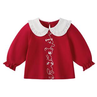 儿童打底衫女童长袖t恤春季红色翻领娃娃衫宝宝套头上衣2小童衣服