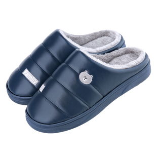 防水皮拖鞋男冬季居家室内防滑月子鞋家居情侣毛毛棉拖鞋家用秋冬