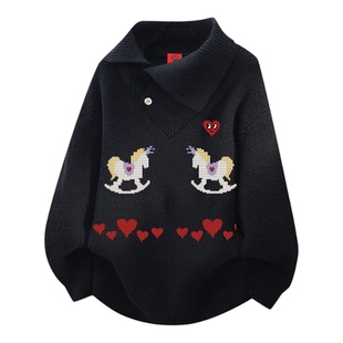 查尔斯桃心木马印花翻领毛衣男冬季新保暖休闲慵懒潮牌情侣针织衫