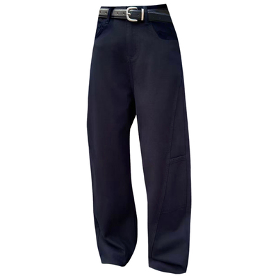 秋藏青色宽松阔腿弯刀裤牛仔跨裤