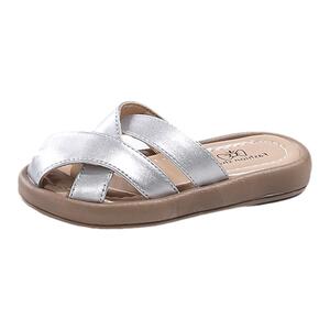 女童银色韩版包头拖鞋儿童平底沙滩鞋2024夏季新款大童百搭休闲鞋