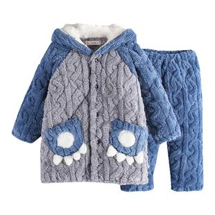 新中长款冬季珊瑚绒儿童夹棉睡衣 超厚保暖法兰绒加绒男童家居服