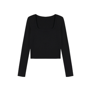 pusumede【现货5折】米杏色方领长袖t恤女修身短款针织打底上衣