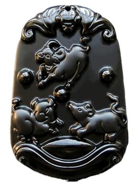 黑曜石生肖三会局项链吊坠挂件牌