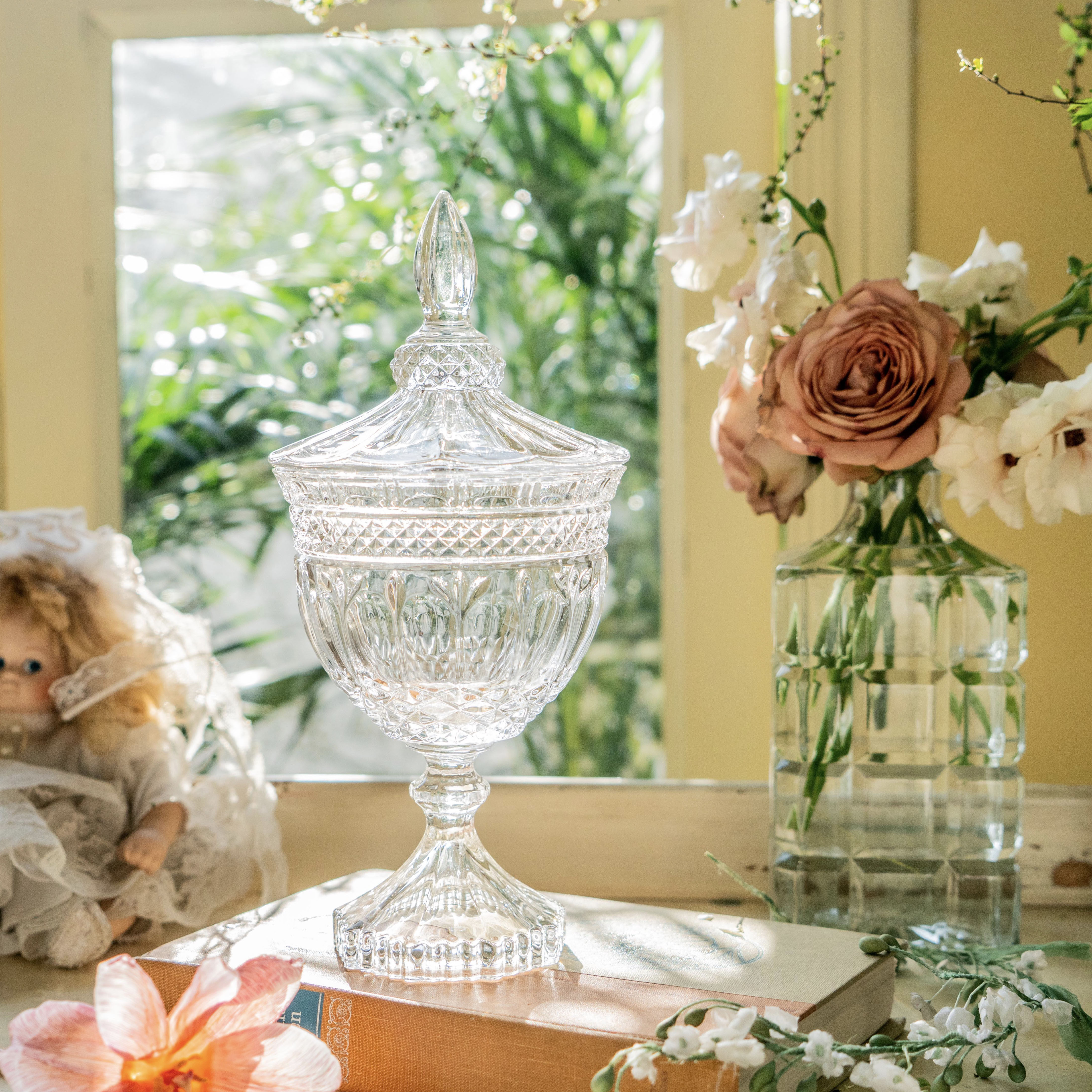 法式轻奢浮雕带盖玻璃高脚糖果罐储物罐家居软装饰样板房民宿摆件