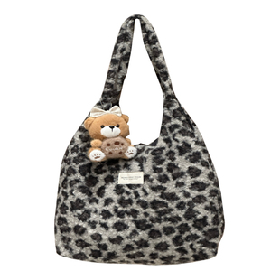 秋冬毛绒单肩包 ins小众豹纹休闲百搭托特包大容量通勤手提包包女