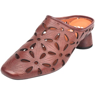 如影真皮包头半拖鞋女穆勒鞋2026新款牛皮时尚镂空花朵粗跟凉拖女