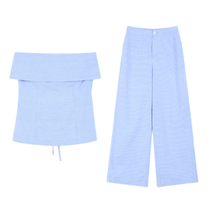 MULVAN 气质套装 设计感露肩抹胸背心上衣女休闲阔腿裤条纹两件套