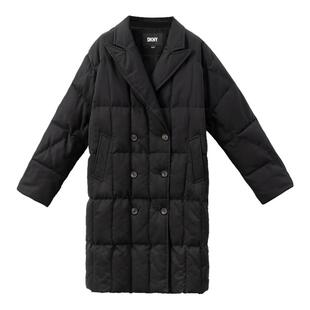 DKNY唐可娜儿秋冬女装经典时尚西装领双排扣格纹绗棉长款棉服外套