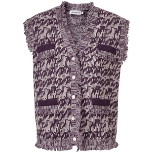 皮皮狗商场同款女士提花V领女开衫纯羊绒背心马甲