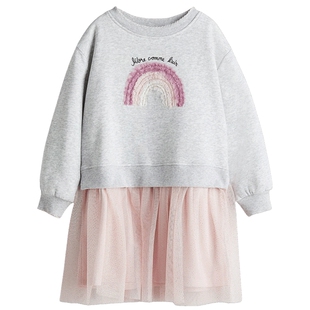 HM童装儿童女童裙子春季薄纱裙摆圆领连衣裙1303542