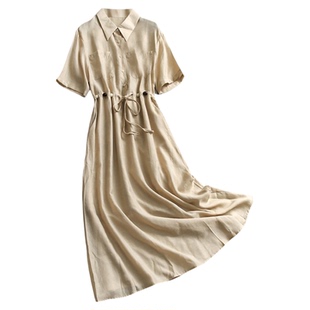 纯色串珠轻薄腰部系带收腰翻领衬衫裙休闲通勤垂感短袖连衣裙C580