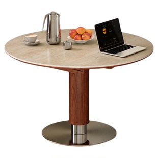 木小咖中古胡桃色维亚实木小户型家用可变圆伸缩折叠洞石岩板餐桌