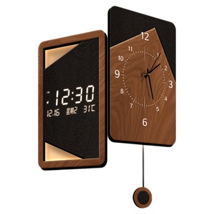 中古风客厅转角挂钟高级感万年历电子钟表挂墙发光双面拐角时钟