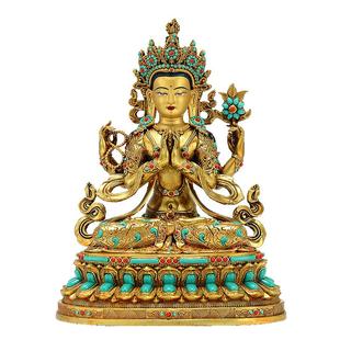 藏村彩珠镶金《四臂观音》藏式客厅家用铜器《观音菩萨》铜像摆件