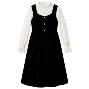 秋水伊人休闲方领珍珠装饰两件套2026年春季新款柔美收腰A摆套装