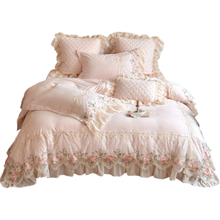 少女心高端牛奶绒四件套加厚保暖蕾丝花边被套床盖珊瑚婴儿绒绿色