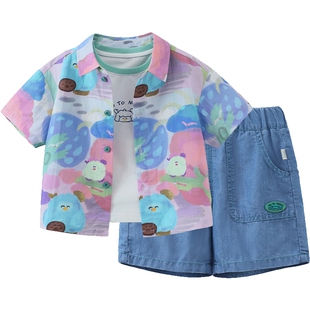 [天丝棉三件套]齐齐熊宝宝度假衬衫套装男童夏季儿童短袖牛仔短裤