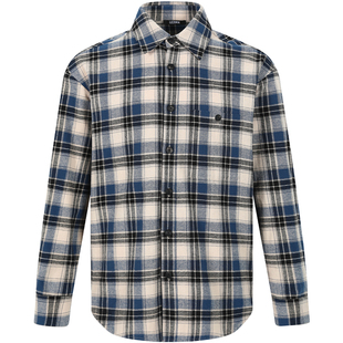 LEZORA 全棉磨毛人字纹法兰绒 蓝色大格纹宽松休闲长袖衬衫男