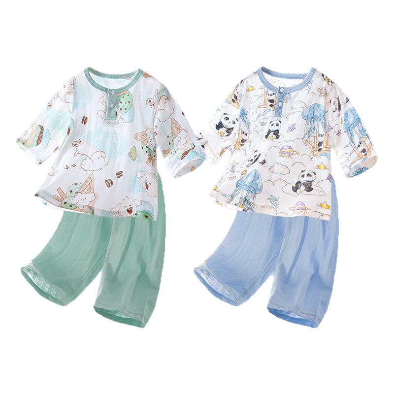 宝宝分体空调服夏装衣服婴儿薄款睡衣纯棉九分裤夏天长袖套装男童