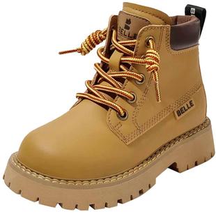 百丽童鞋儿童时尚大黄靴女童马丁靴秋冬加绒保暖靴男童英伦风短靴