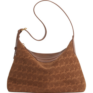 妙迪植鞣hobo腋下包棕色真皮大容量麂皮绒轻奢职场通勤斜挎包包女