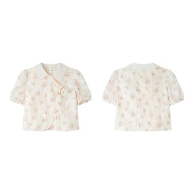 PIT复古碎花刺绣翻领泡泡袖短款开衫衬衫女2025夏轻薄透气T恤上衣