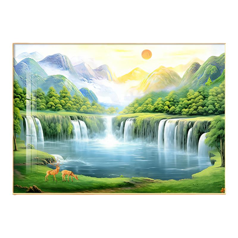 流水生财山水餐厅背景墙装饰画