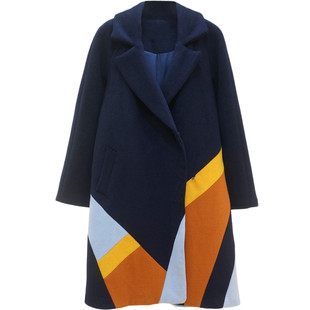 翻领拼色中长款毛呢大衣 冬季新品有腰带可收腰chic呢子外套